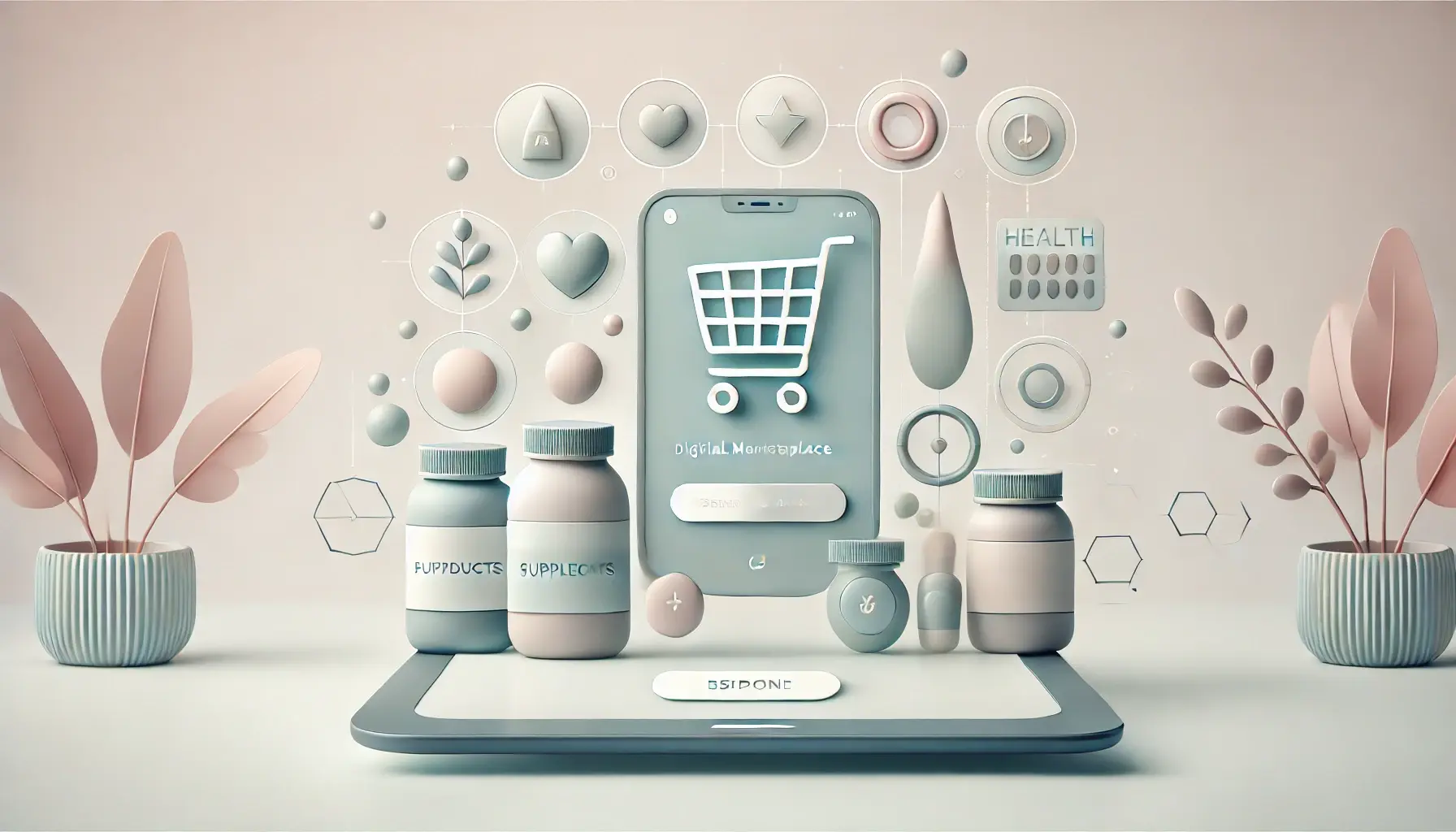 DALL·E 2024-12-12 10.36.04 - A minimalistic digital marketplace concept illustrating the shift to online health and wellness product spending. The design features subtle and soft 